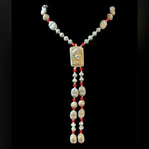 Vintage Egyptian Revival Scarab Beetle Glass Bead Lavaliere Necklace